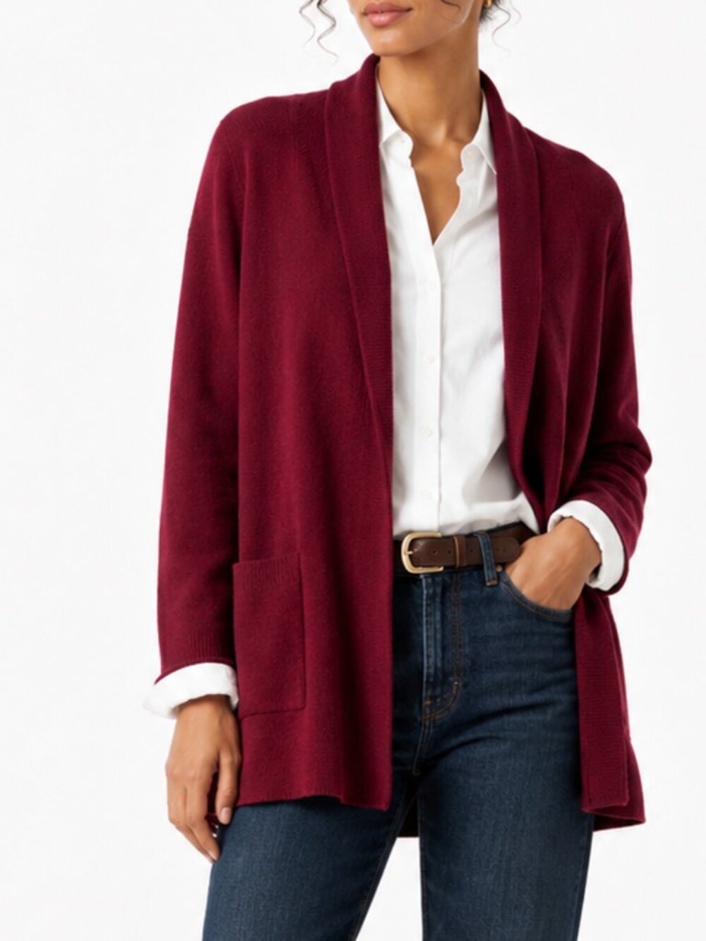 J. Crew Burgundy 100% Cotton Open Front Shawl Collar Cardigan Sweater Size XL